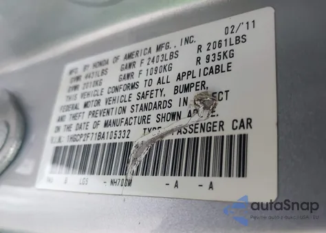 2011 Honda Accord 2.4 Ex from USA, damaged, VIN 1HGCP2F71BA105332